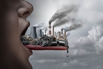 Graphical depiction of a human face with tongue extended. On the tongue are polluting industries, coal plants, oil barrels, and other environmental contamination. Intended to depict the polluted human.